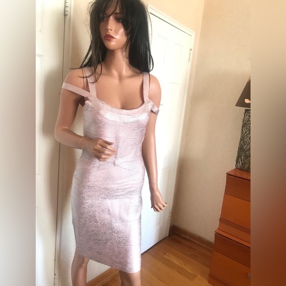 JS Collections pink & silver bodycon midi dress with zipper in sz 4. Stretchy - Picture 1 of 13